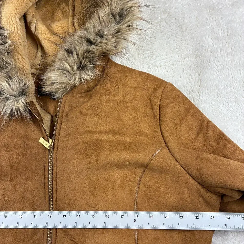 Ellen Tracy Jacket Coat Womens XL Brown Faux Suede Hooded Fur Trim Sherpa Lined